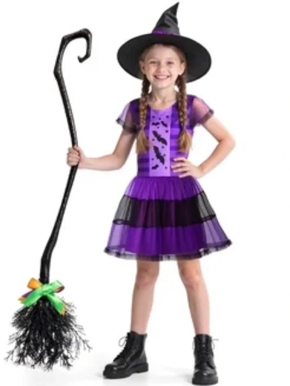 NWT Kids Medium (5/6) Purple Witch Costume Dress with Hat and Broom